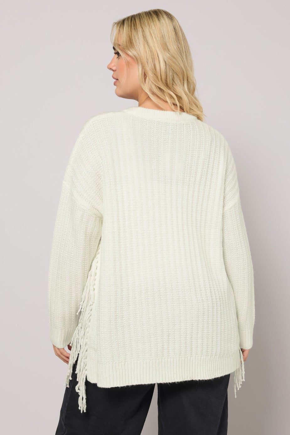 Yours Curve Ivory White Fringe Knitted Jumper