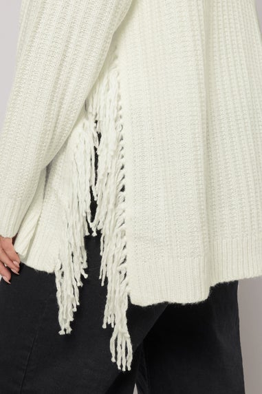 Yours Curve Ivory White Fringe Knitted Jumper