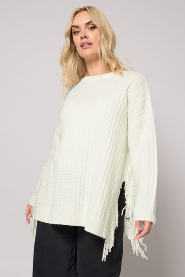 Yours Curve Ivory White Fringe Knitted Jumper