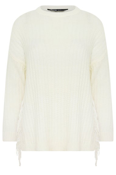 Yours Curve Ivory White Fringe Knitted Jumper