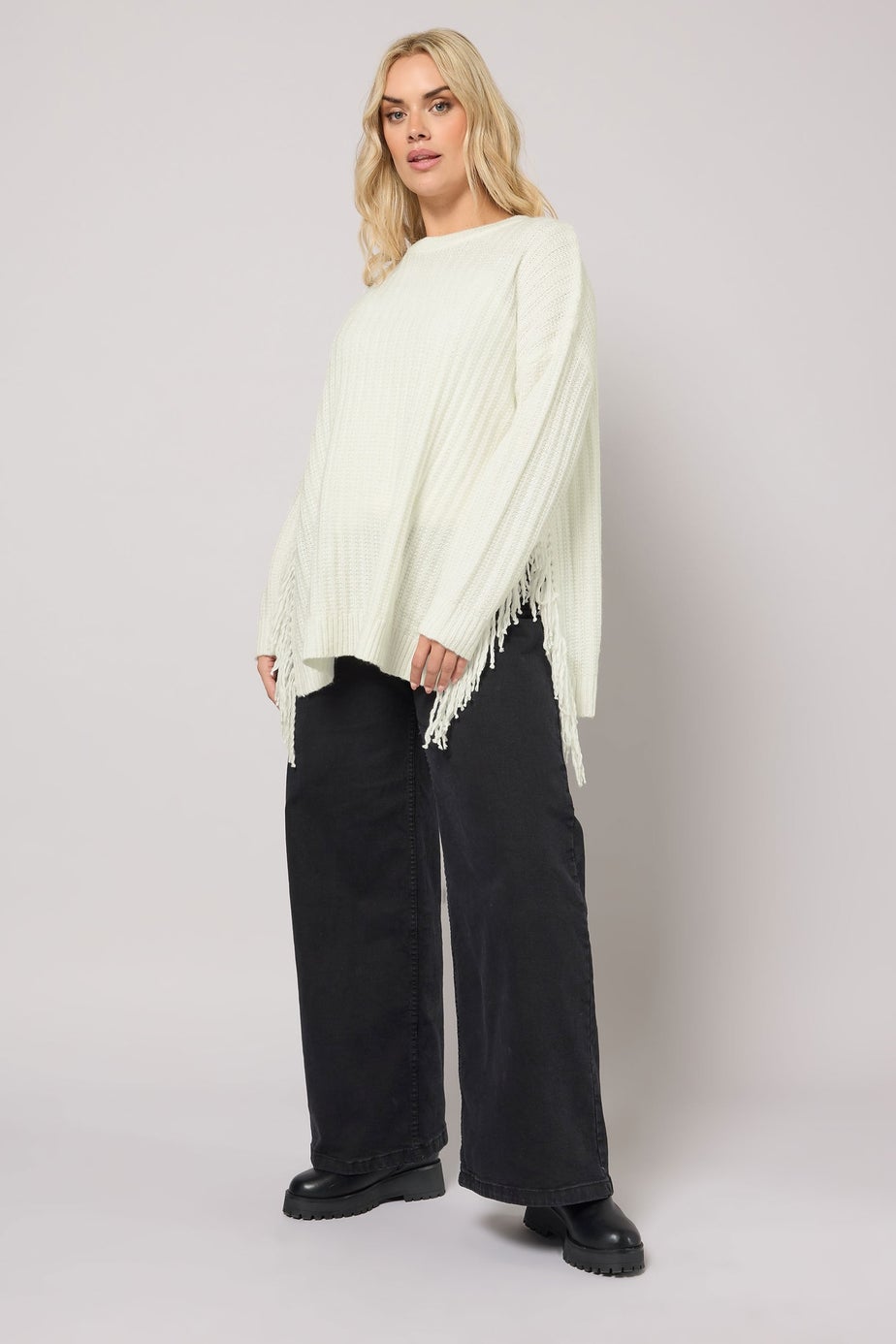 Yours Curve Ivory White Fringe Knitted Jumper