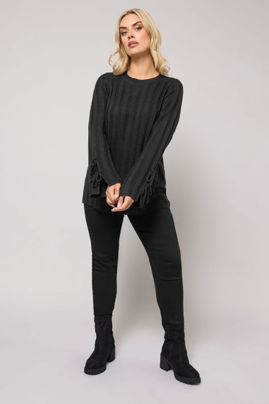 Yours Curve Black Ribbed Tie Up Sleeve Jumper