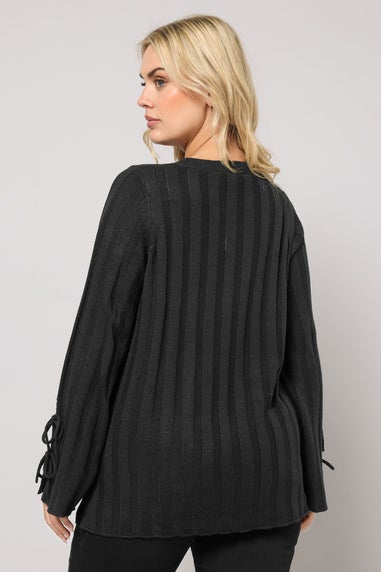 Yours Curve Black Ribbed Tie Up Sleeve Jumper