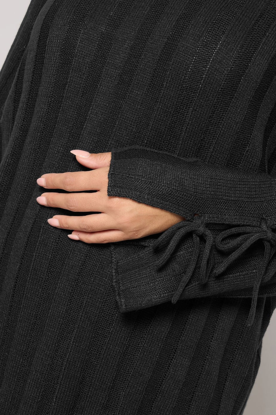 Yours Curve Black Ribbed Tie Up Sleeve Jumper