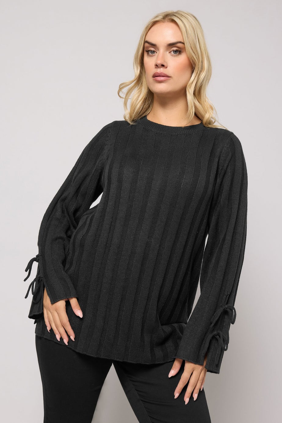 Yours Curve Black Ribbed Tie Up Sleeve Jumper