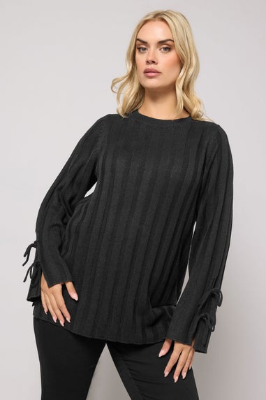 Yours Curve Black Ribbed Tie Up Sleeve Jumper