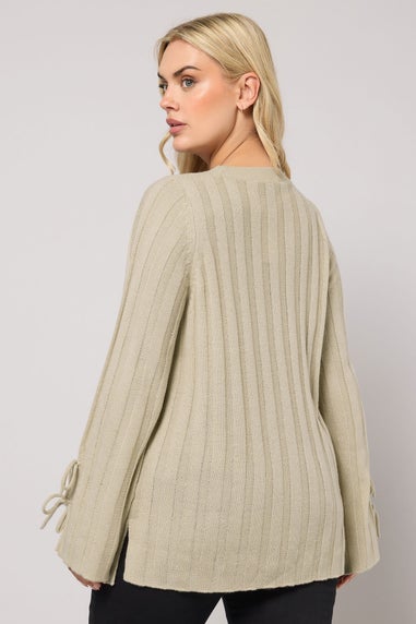 Yours Curve Natural Brown Ribbed Tie Up Sleeve Jumper