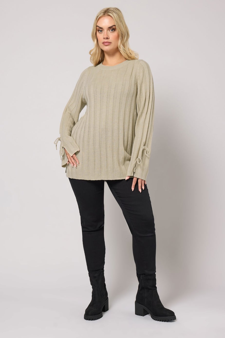 Yours Curve Natural Brown Ribbed Tie Up Sleeve Jumper