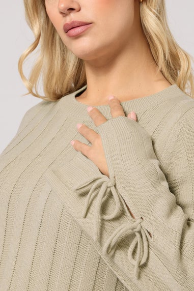 Yours Curve Natural Brown Ribbed Tie Up Sleeve Jumper