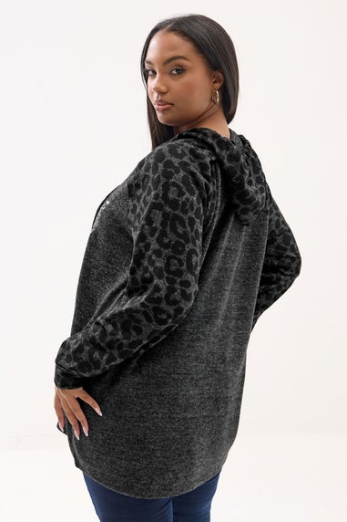 Yours Curve Charcoal Grey Leopard Sequin '87' Varsity Hoodie