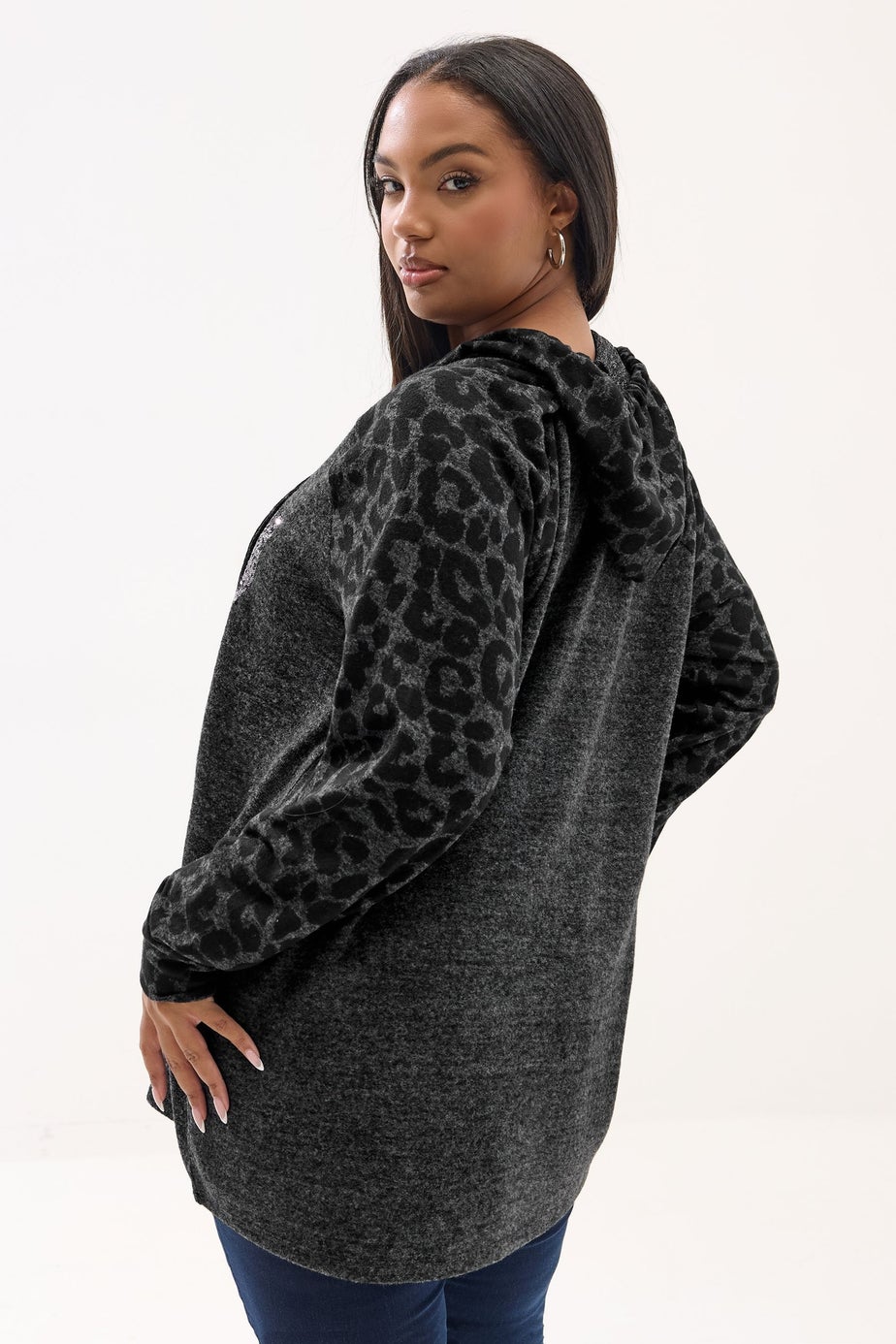 Yours Curve Charcoal Grey Leopard Sequin '87' Varsity Hoodie