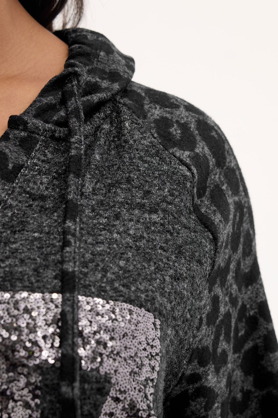 Yours Curve Charcoal Grey Leopard Sequin '87' Varsity Hoodie