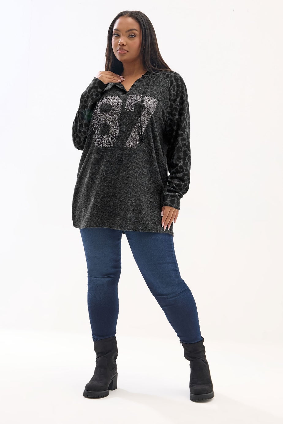 Yours Curve Charcoal Grey Leopard Sequin '87' Varsity Hoodie
