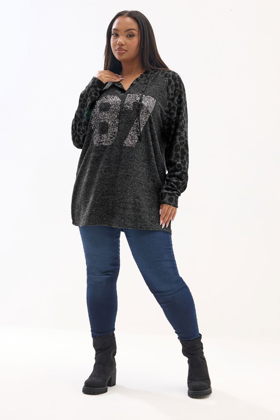 Yours Curve Charcoal Grey Leopard Sequin '87' Varsity Hoodie