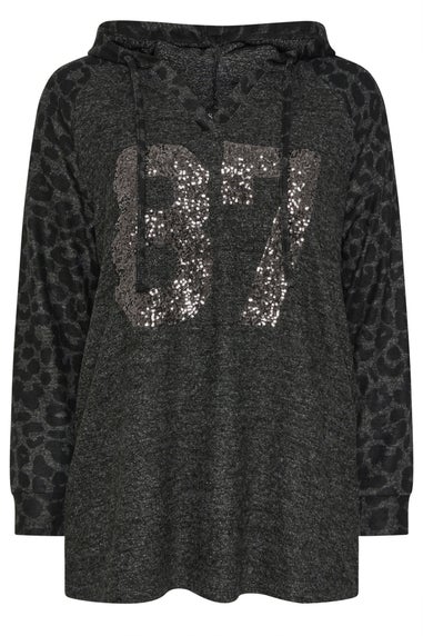 Yours Curve Charcoal Grey Leopard Sequin '87' Varsity Hoodie