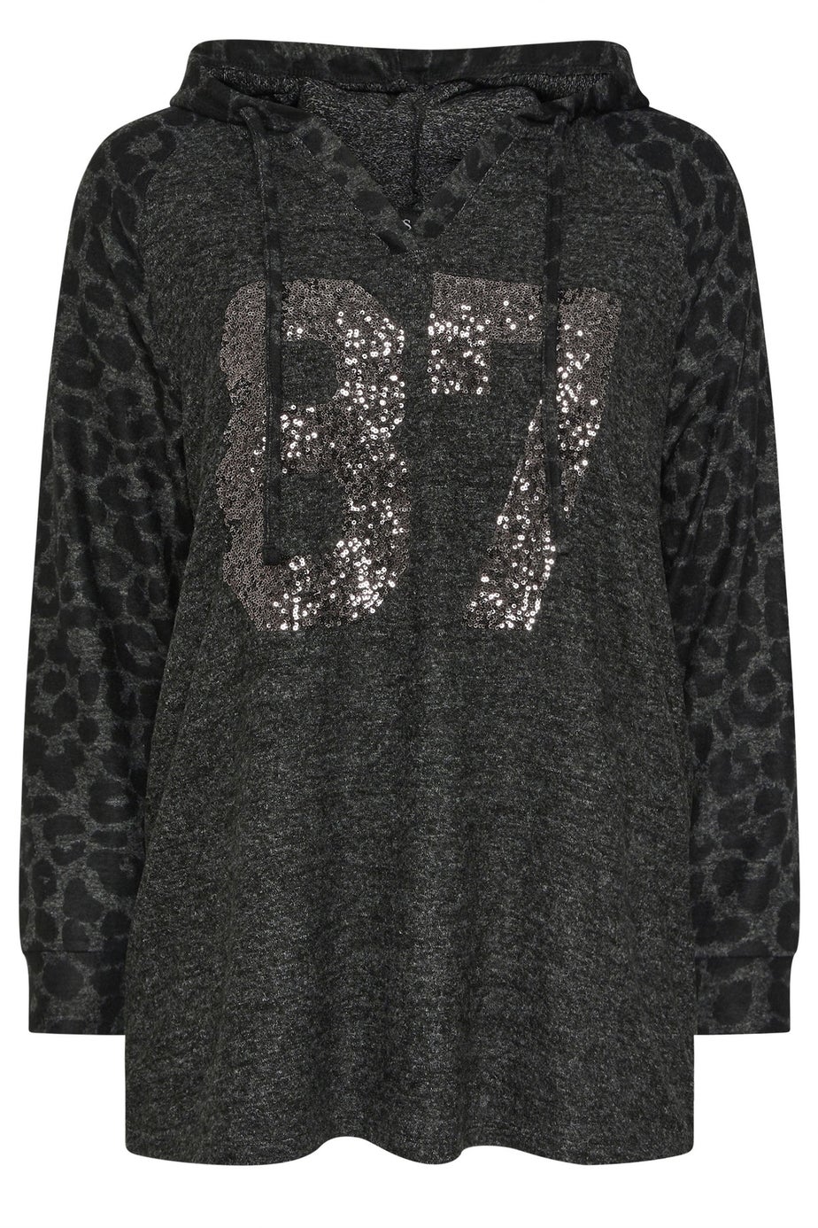 Yours Curve Charcoal Grey Leopard Sequin '87' Varsity Hoodie