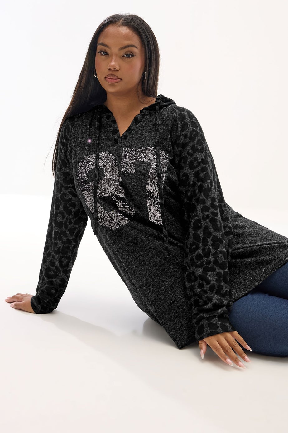 Yours Curve Charcoal Grey Leopard Sequin '87' Varsity Hoodie