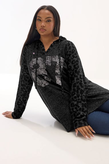 Yours Curve Charcoal Grey Leopard Sequin '87' Varsity Hoodie