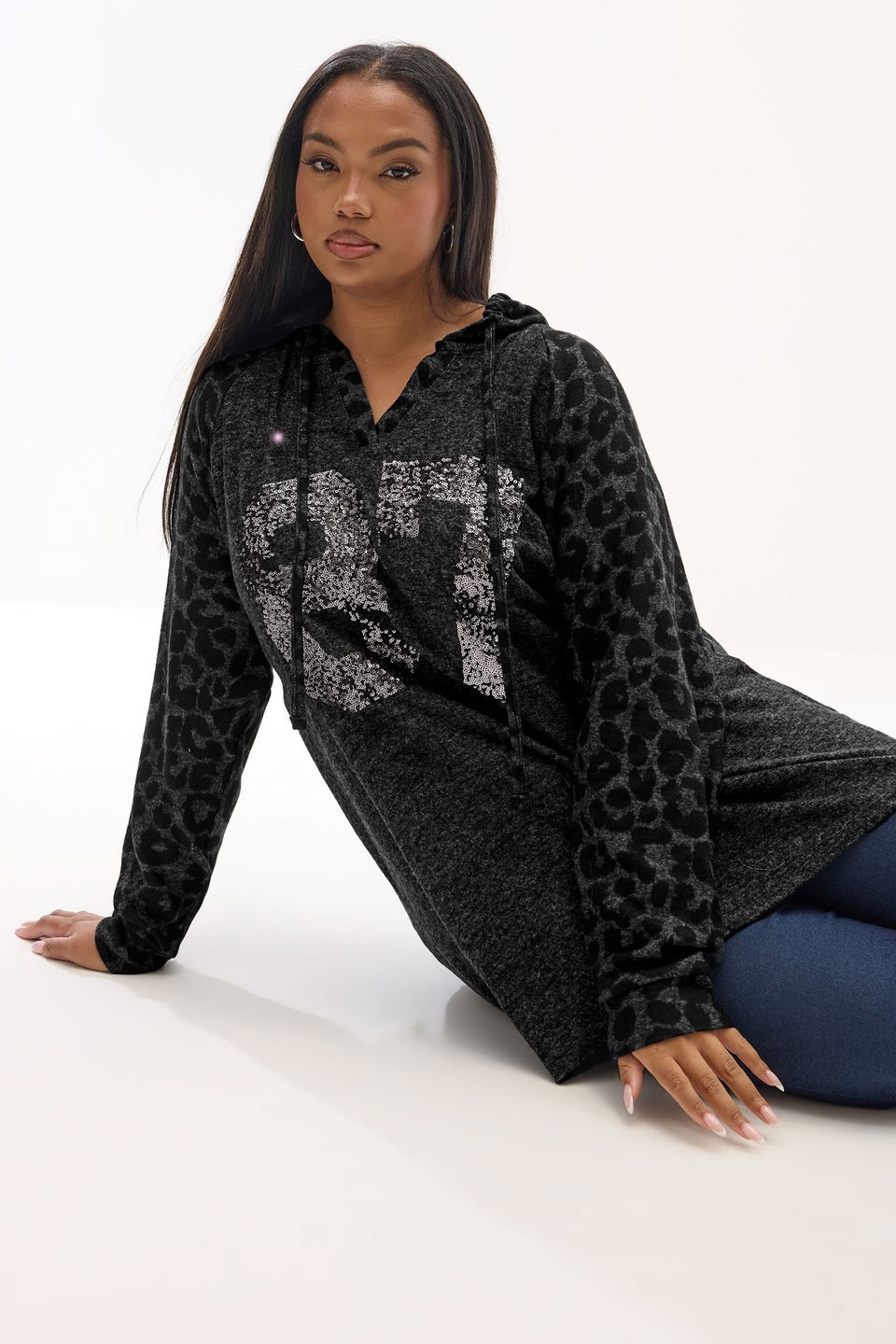 Yours Curve Charcoal Grey Leopard Sequin '87' Varsity Hoodie