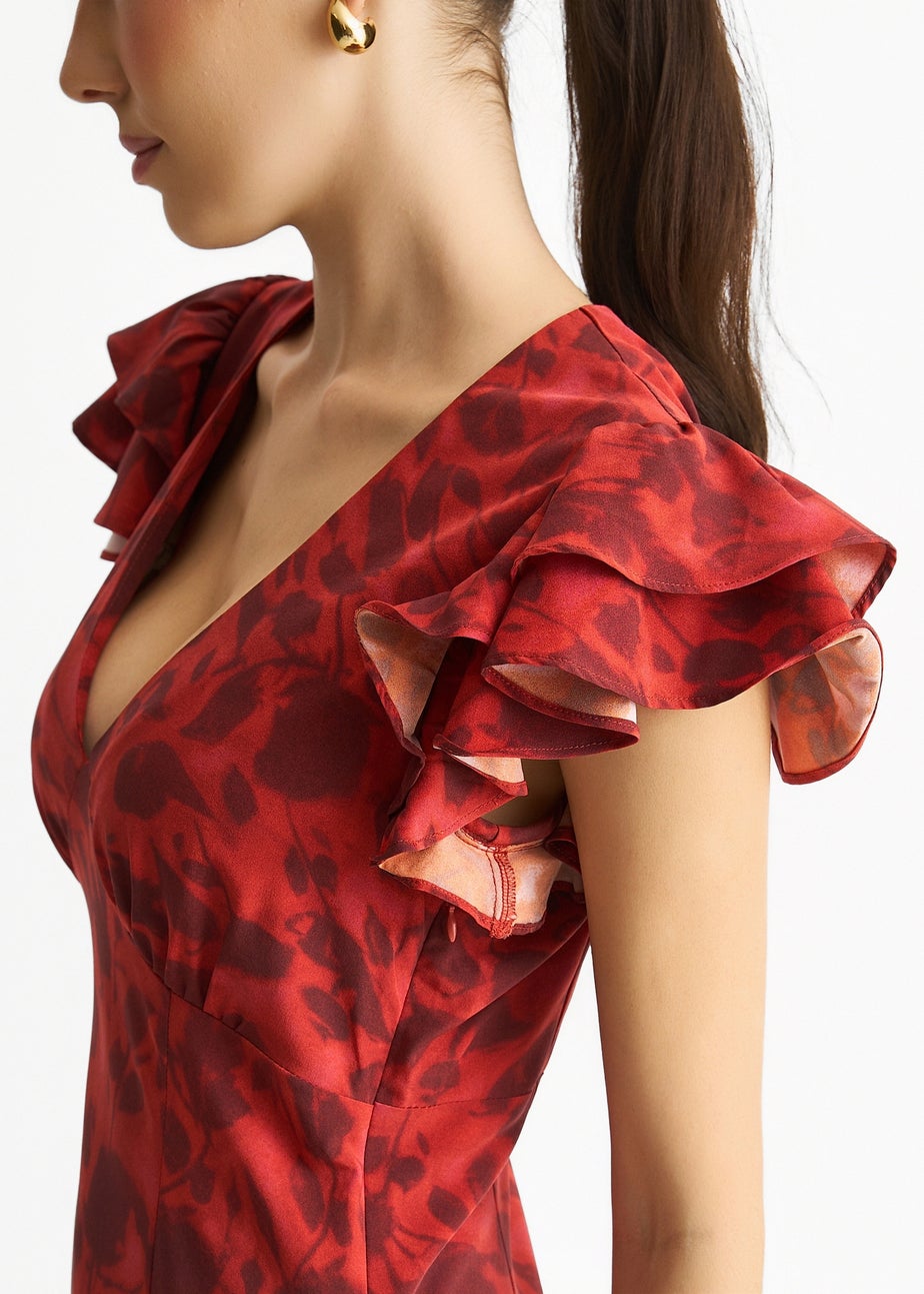 Gini London Red V Neck Floral Print Ruffle Maxi Dress