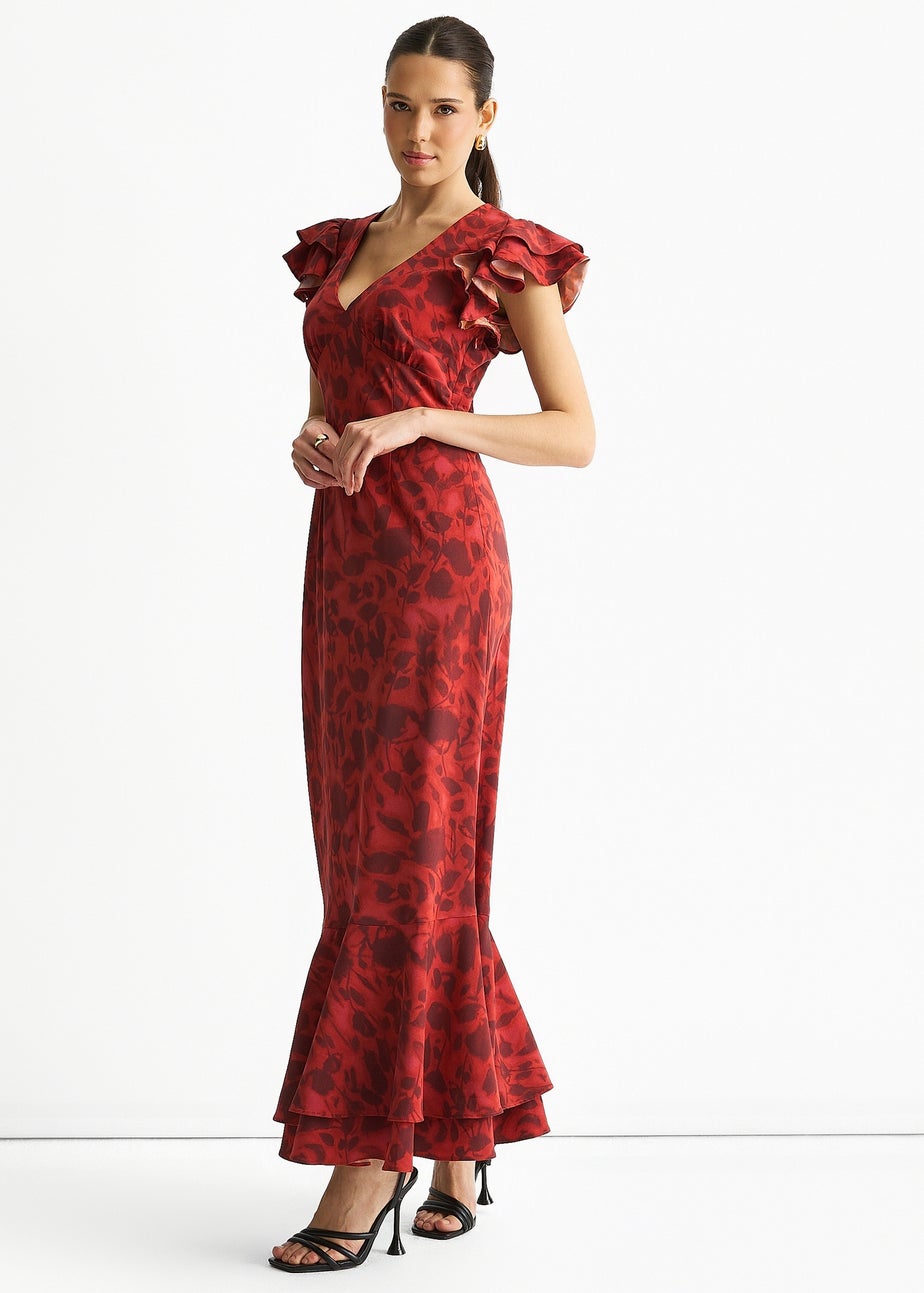 Gini London Red V Neck Floral Print Ruffle Maxi Dress