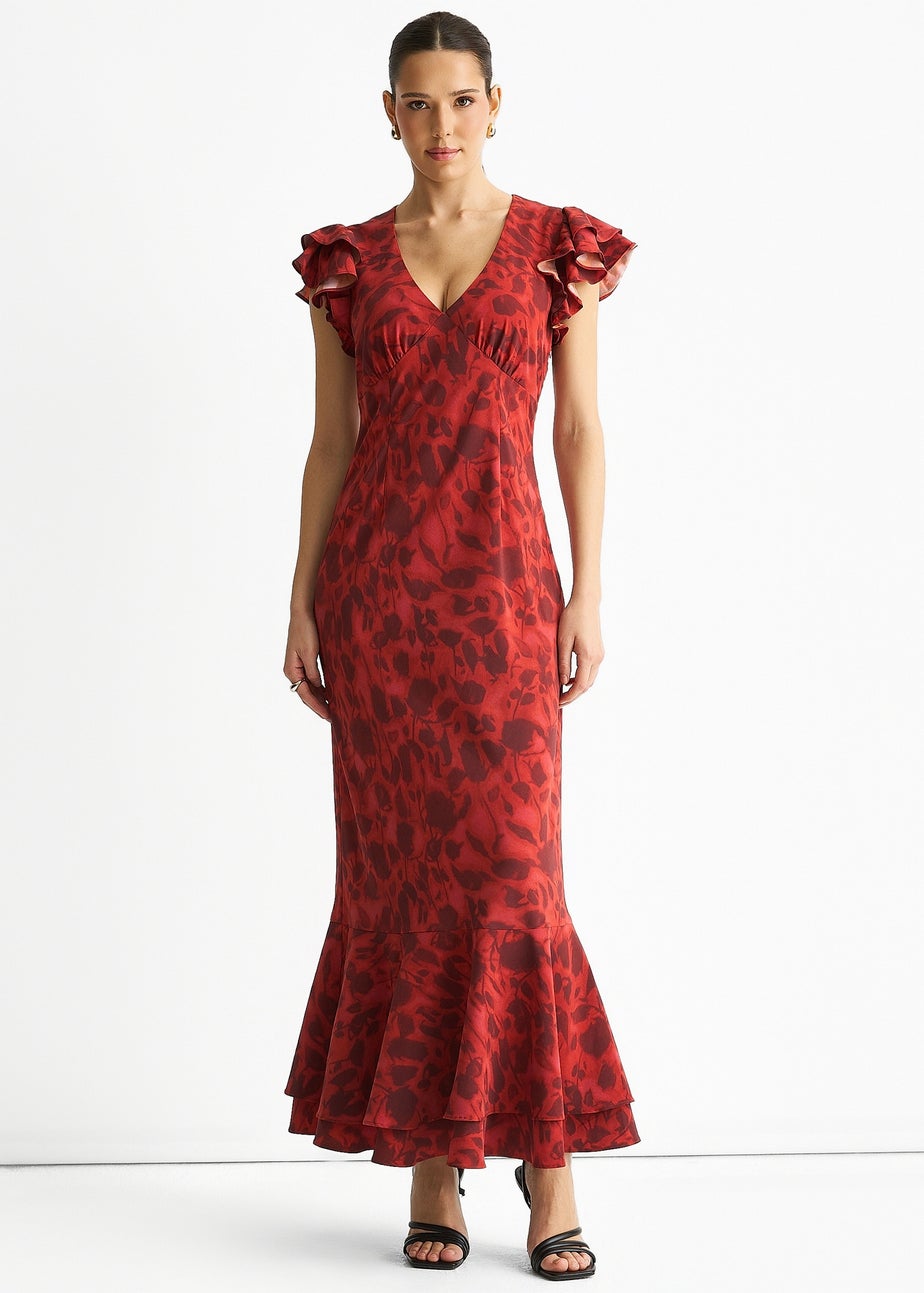 Gini London Red V Neck Floral Print Ruffle Maxi Dress