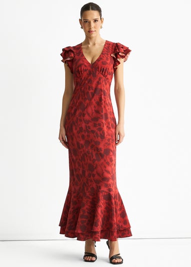 Gini London Red V Neck Floral Print Ruffle Maxi Dress