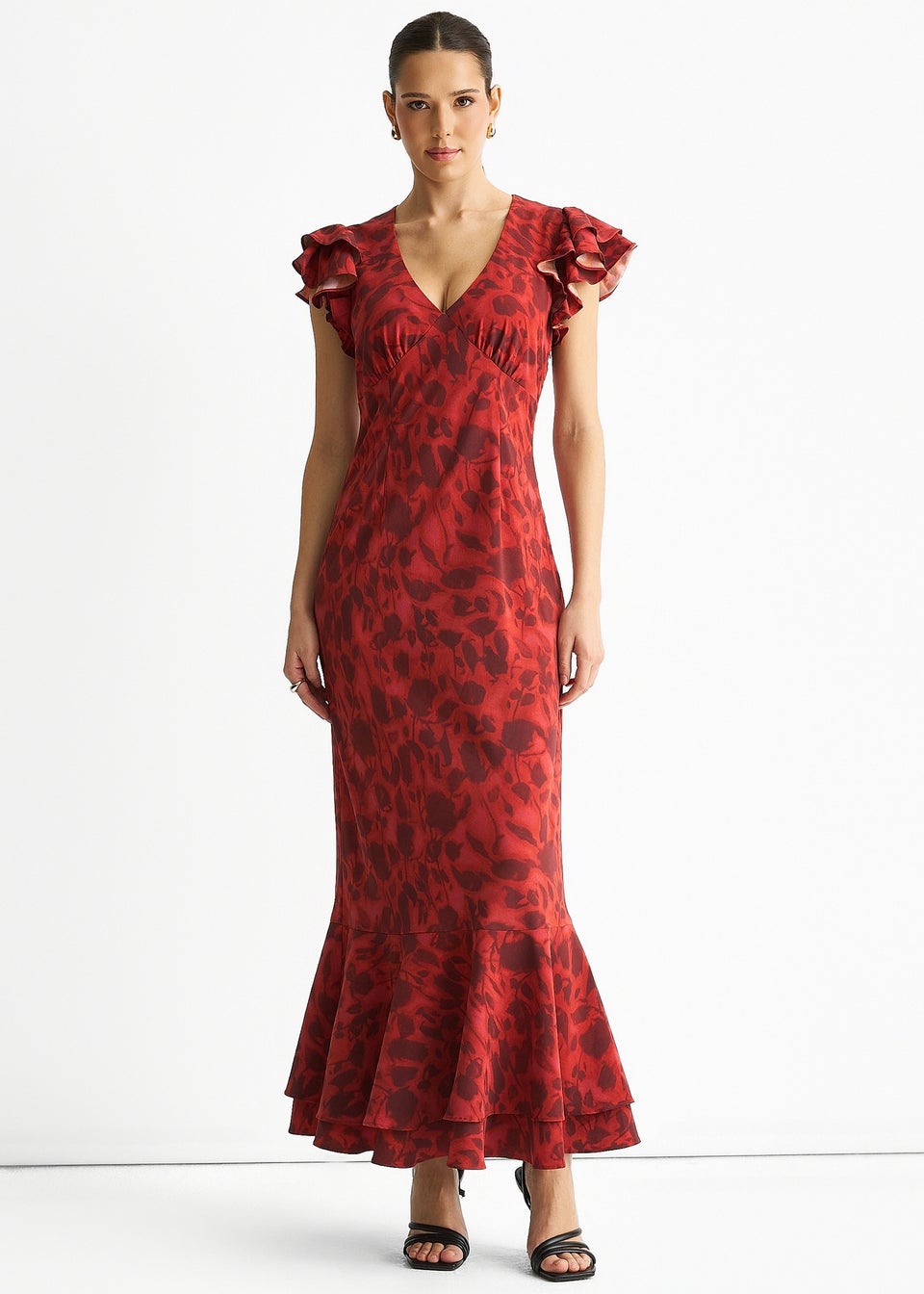 Gini London Red V Neck Floral Print Ruffle Maxi Dress