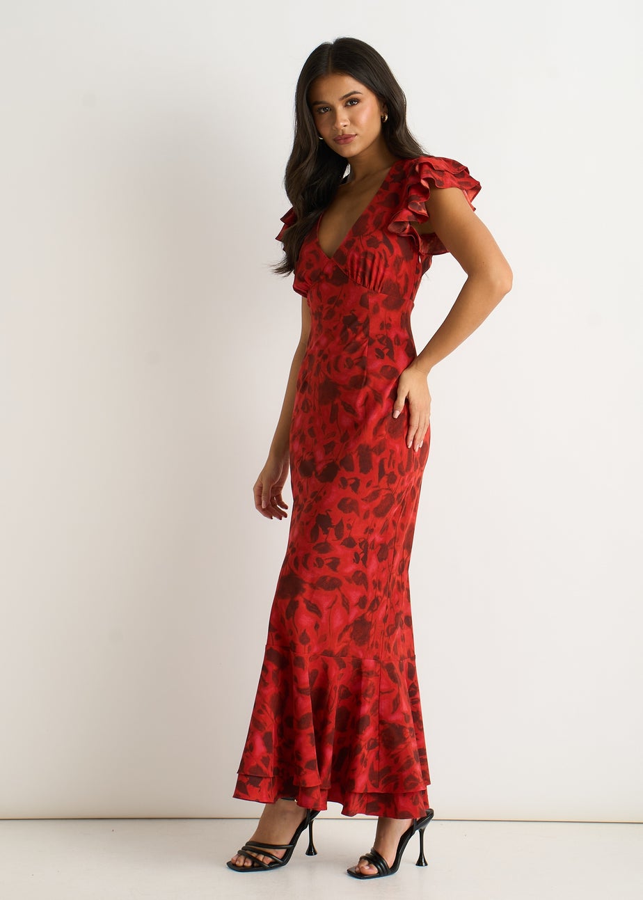 Gini London Red V Neck Floral Print Ruffle Maxi Dress