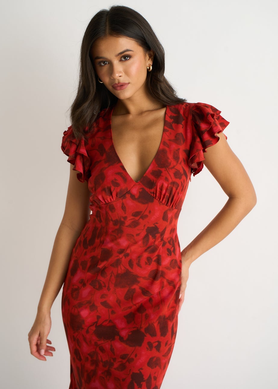 Gini London Red V Neck Floral Print Ruffle Maxi Dress