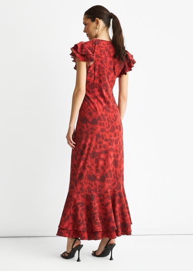 Gini London Red V Neck Floral Print Ruffle Maxi Dress