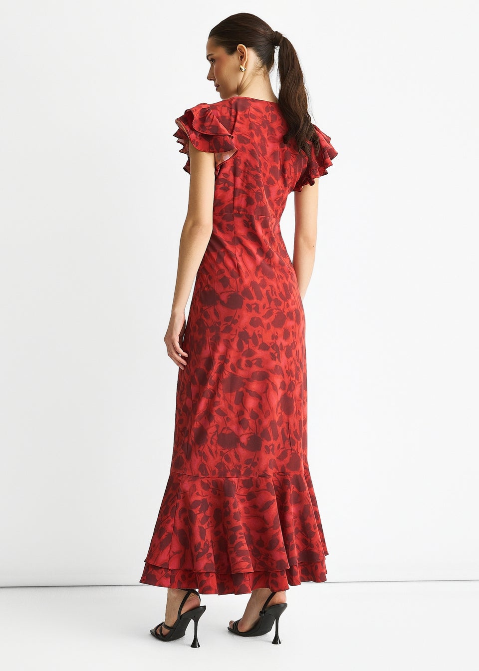 Gini London Red V Neck Floral Print Ruffle Maxi Dress