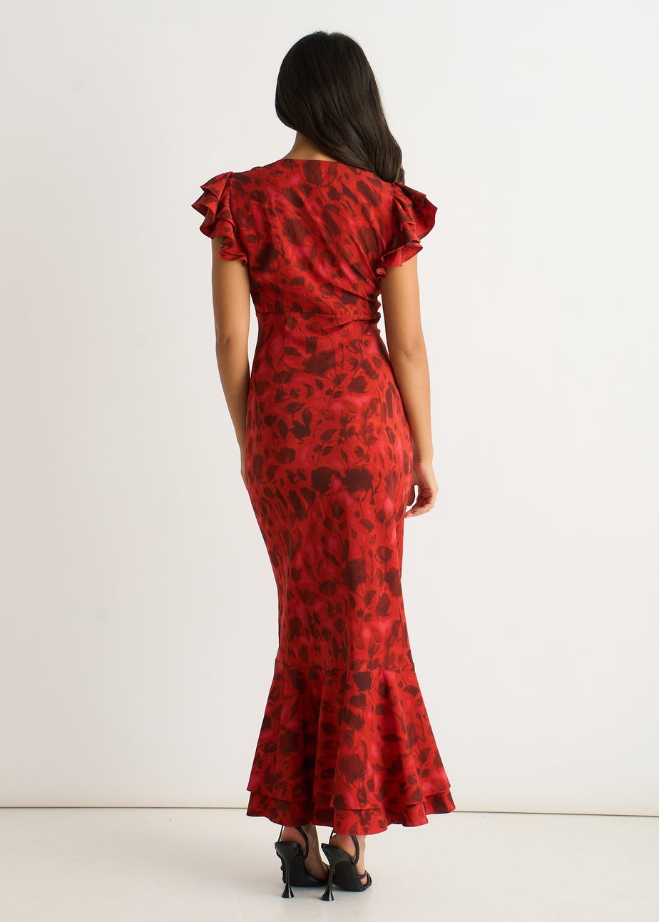 Gini London Red V Neck Floral Print Ruffle Maxi Dress