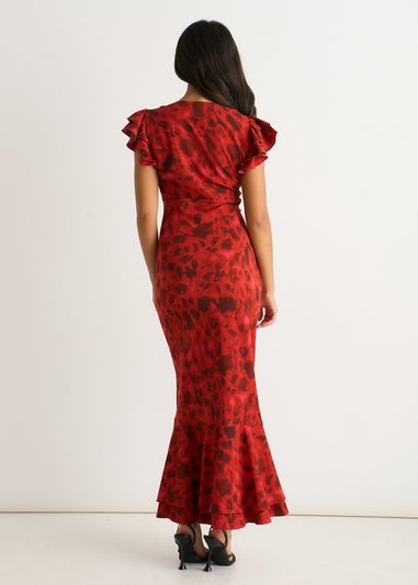 Gini London Red V Neck Floral Print Ruffle Maxi Dress