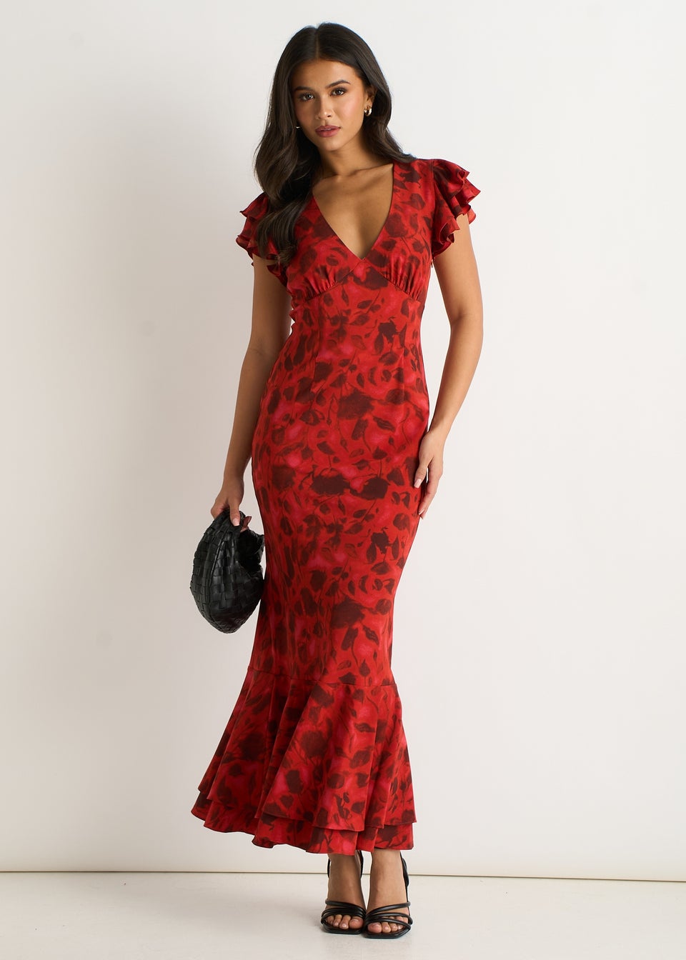 Gini London Red V Neck Floral Print Ruffle Maxi Dress