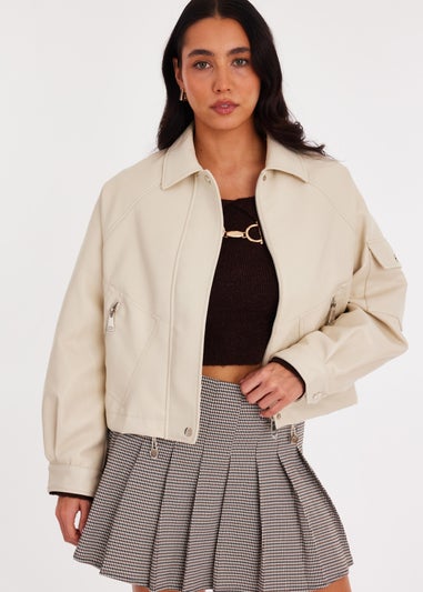 Quiz Stone Faux Leather Bomber Jacket