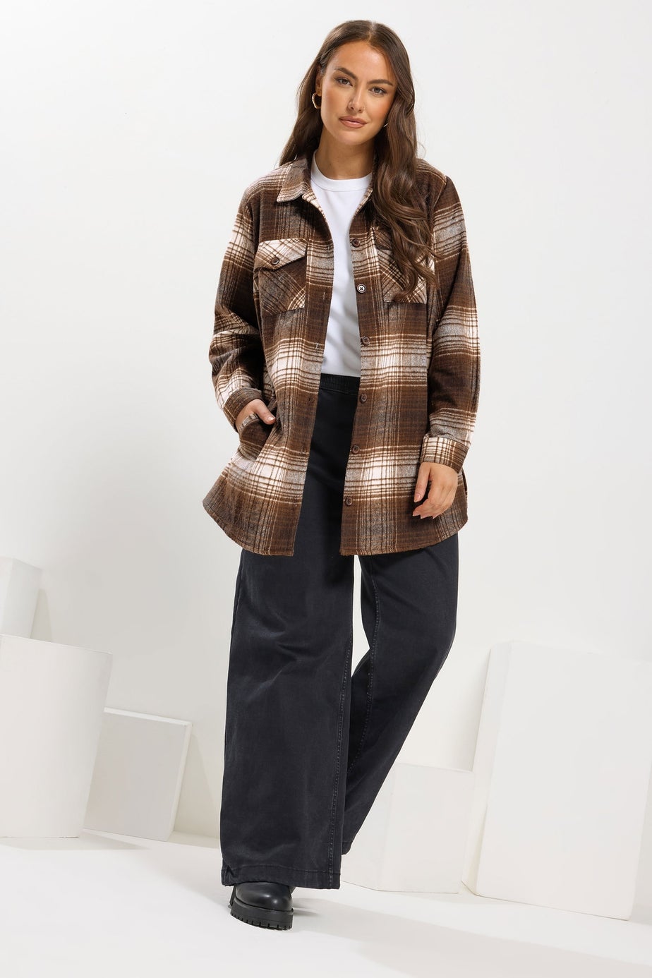 Yours Curve Chocolate Brown Check Shacket