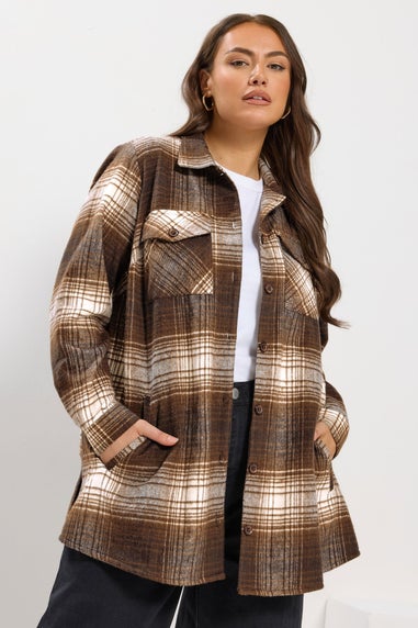 Yours Curve Chocolate Brown Check Shacket