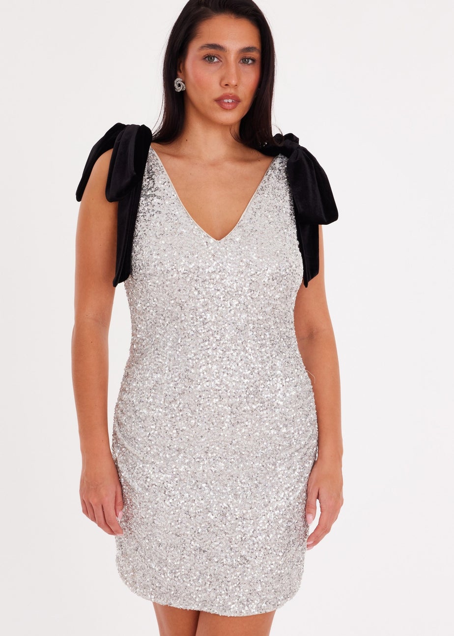Quiz Cream Sequin Bow Detail Mini Dress