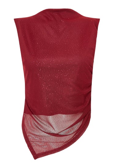Quiz Burgundy Glitter Asymmetric Mesh Top