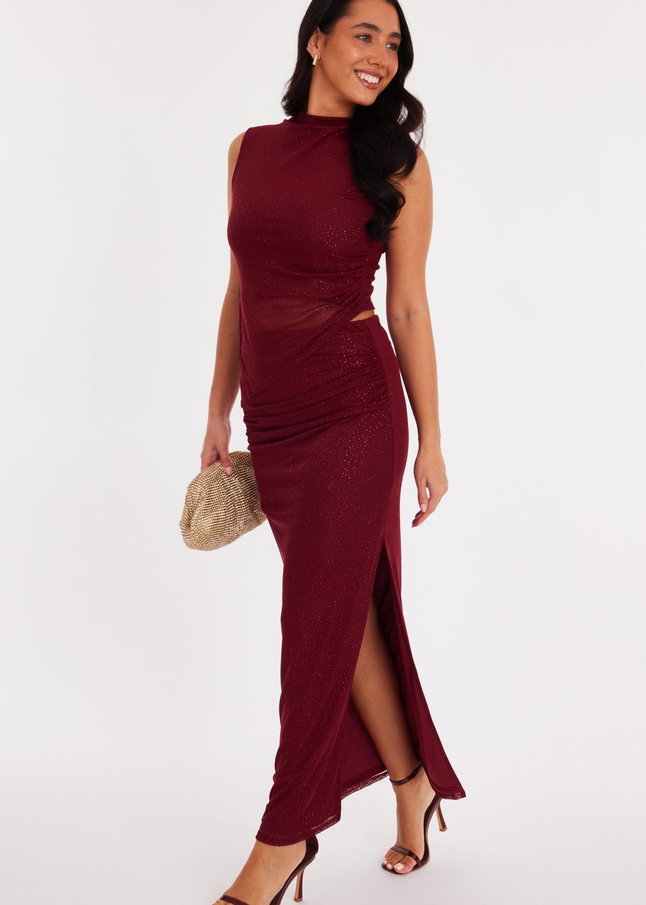 Quiz Burgundy Glitter Asymmetric Mesh Top