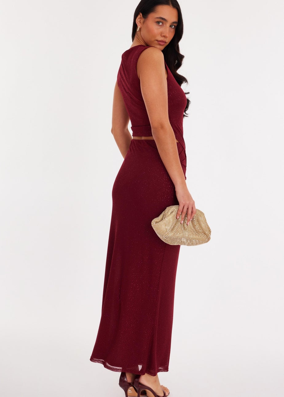 Quiz Burgundy Glitter Asymmetric Mesh Top