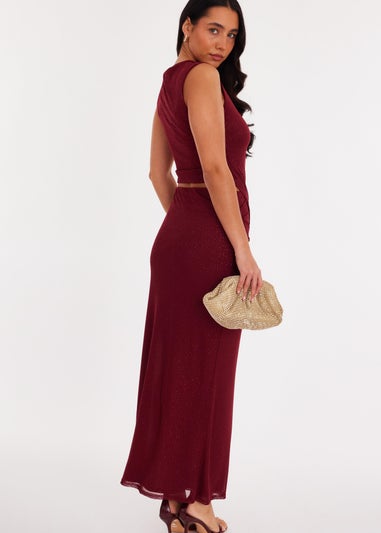 Quiz Burgundy Glitter Asymmetric Mesh Top