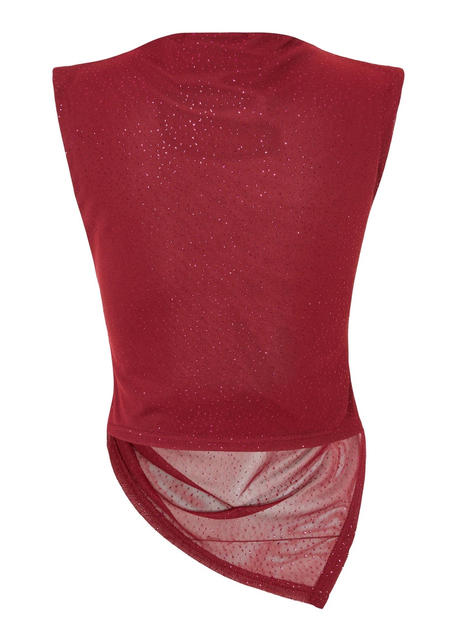 Quiz Burgundy Glitter Asymmetric Mesh Top