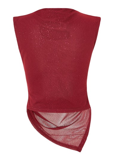 Quiz Burgundy Glitter Asymmetric Mesh Top