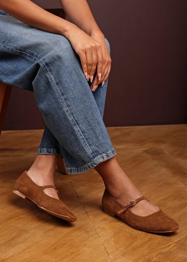 Where's That From Jennifer Cognac Suede Mary Jane Flats