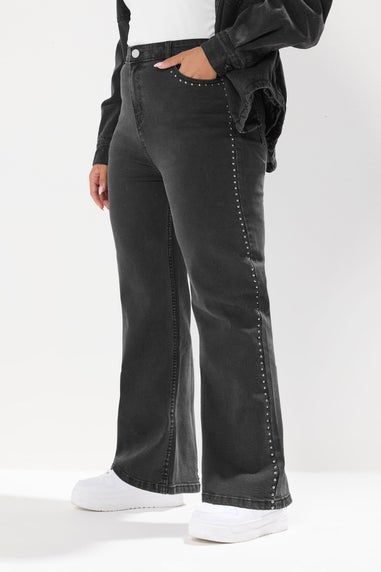 Yours Curve Black Seam Studded Wide Leg Jeans