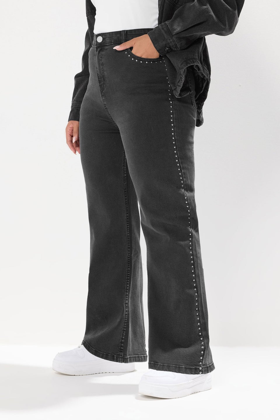 Yours Curve Black Seam Studded Wide Leg Jeans