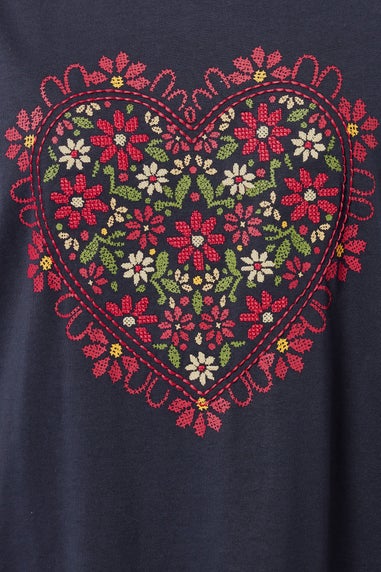 Yours Curve Navy Blue Floral Heart Embroidered T-Shirt