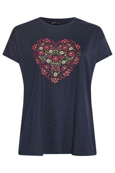 Yours Curve Navy Blue Floral Heart Embroidered T-Shirt